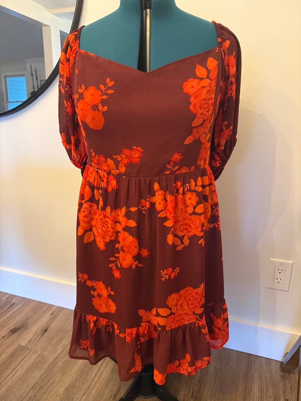 41Hawthorn Floral Empire Waist Mini Dress Burgundy & Orange Size 3X